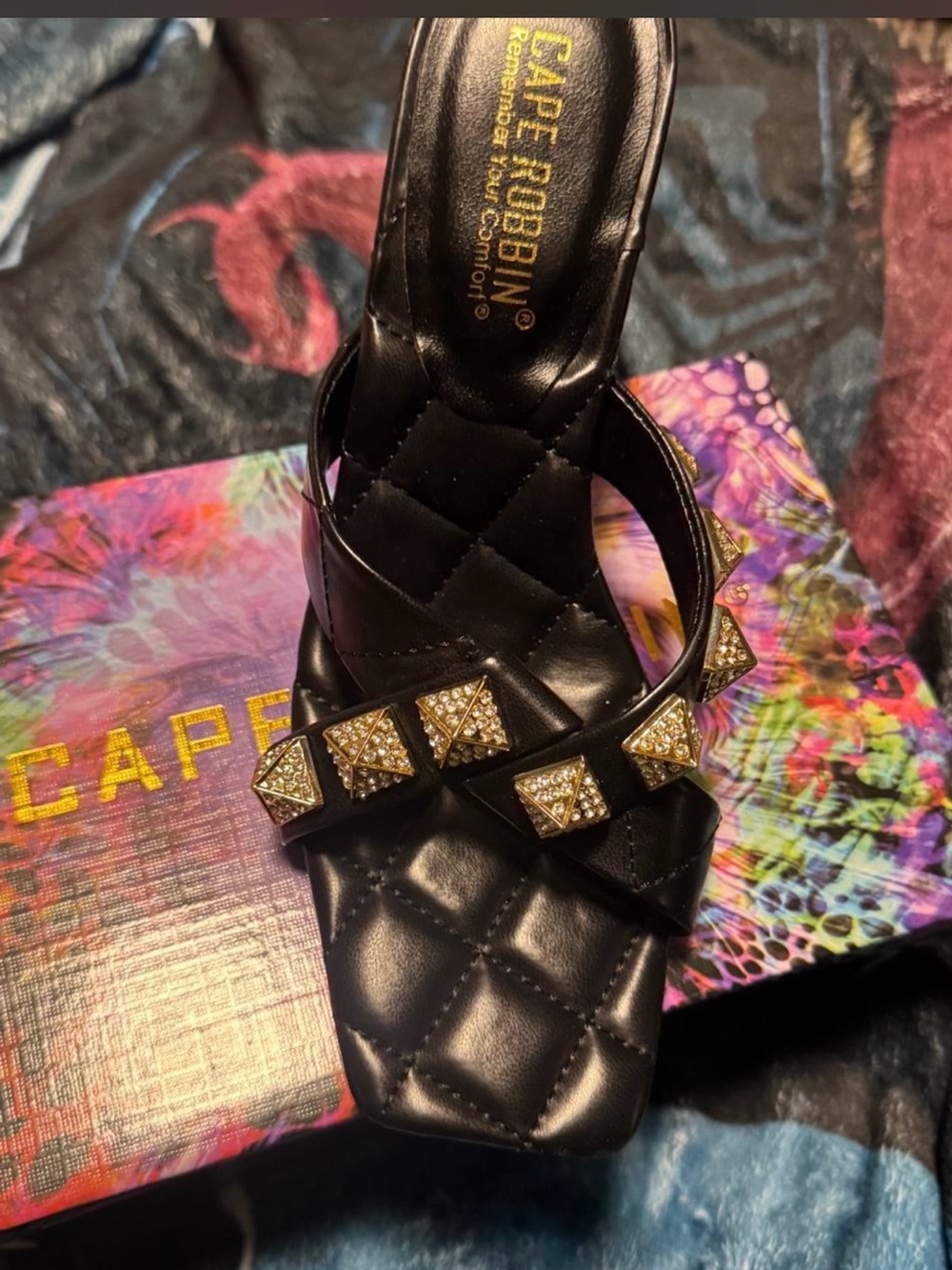 Cape Robbin Black Quilted Slide Sandal with Gold Pyramid Studs